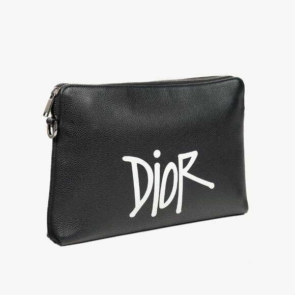 Dior X Shawn Stussy AW/20 Black Pebbled Leather Large Clutch - Picture 2 of 10